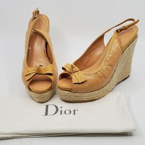 Christian Dior Vintage Patent Leather Cannage Espadrille Wedges.